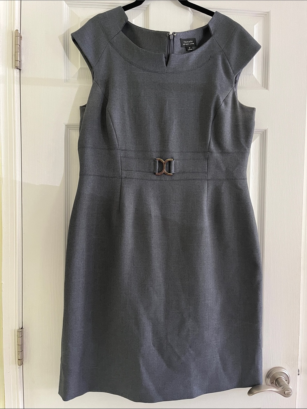Tahari ASL Charcoal Dress with Decorative Waist Buckle